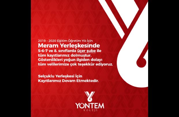 MERAM YERLEŞKEMİZDE 5-6-7 ve 8. sınıflarda üçer şube ile tüm kayıtlarımız dolmuştur.