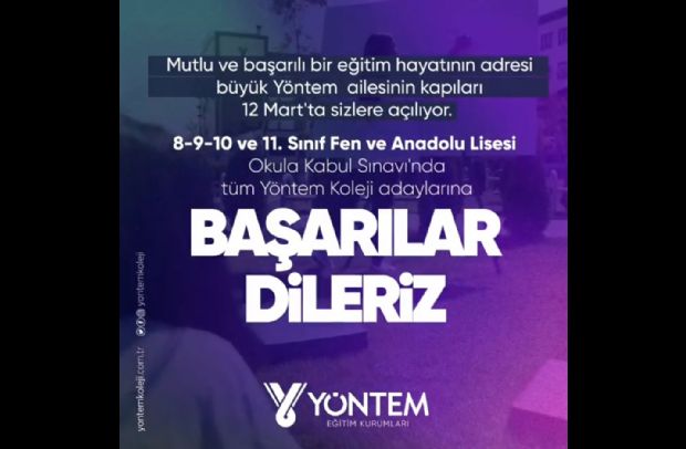 8, 9, 10 ve 11.  Sınıf Fen ve Anadolu Lisesine Kabul ve Bursluluk Sınavı'nda tüm adaylarımıza başarılar diliyoruz.