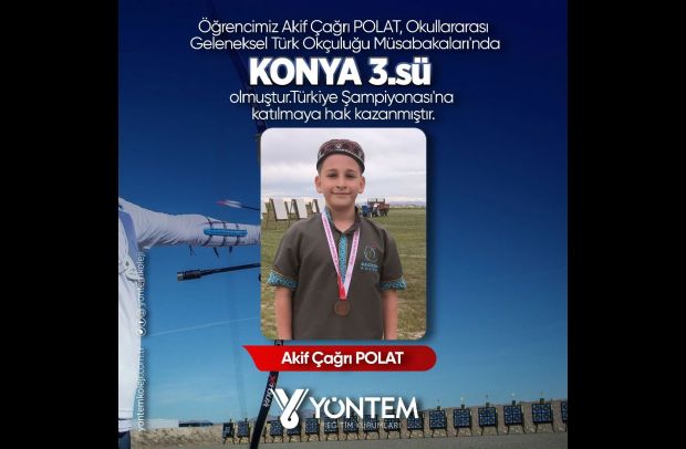 Öğrencimiz Akif Çağrı POLAT, Okullararası Geleneksel Türk Okçuluğu Müsabakaları'nda Konya 3.sü olmuştur.